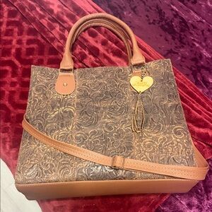 Chic Embossed Brown Tote Bag with Heart Charm